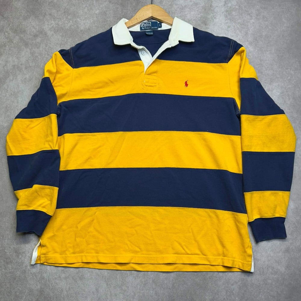 Polo Ralph Lauren Mens Large Rugby Shirt Navy Blue Yellow Striped Long Sleeve